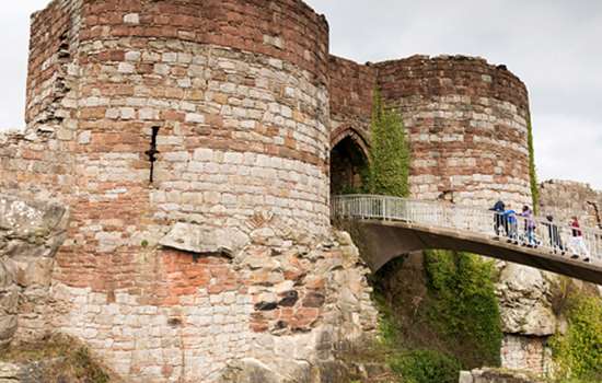 A view of a group of adults and children walking up the bridge at Beeston Castle.